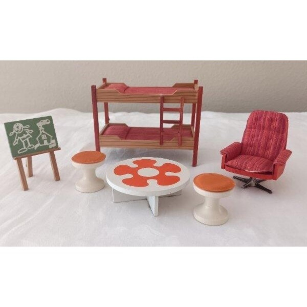 Vtg 60s Lundby Nursery Bedroom Swivel Chair Bunk Bed Table Set Dollhouse Lot